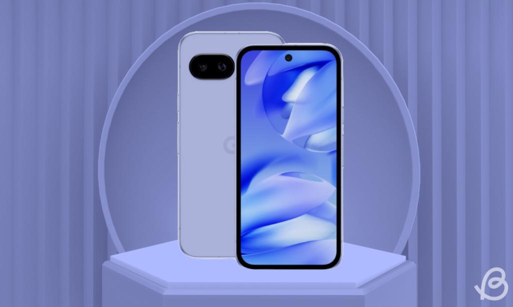illustration of the Google Pixel 9a in Iris colorway placed on a podium with a light blue background