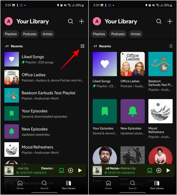 Change the layout of Your Library by pressing the four square boxes on Spotify