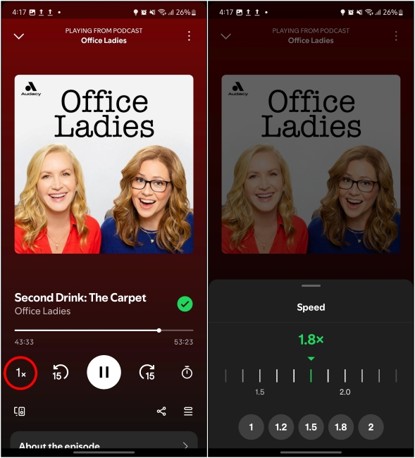 Changing the playback speed of the podcast