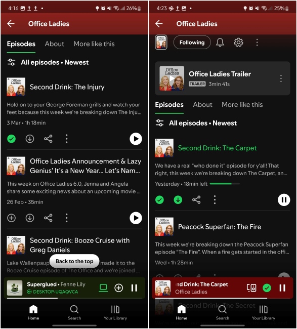 Clicking the circle with arrow icon to download a podcast episode
