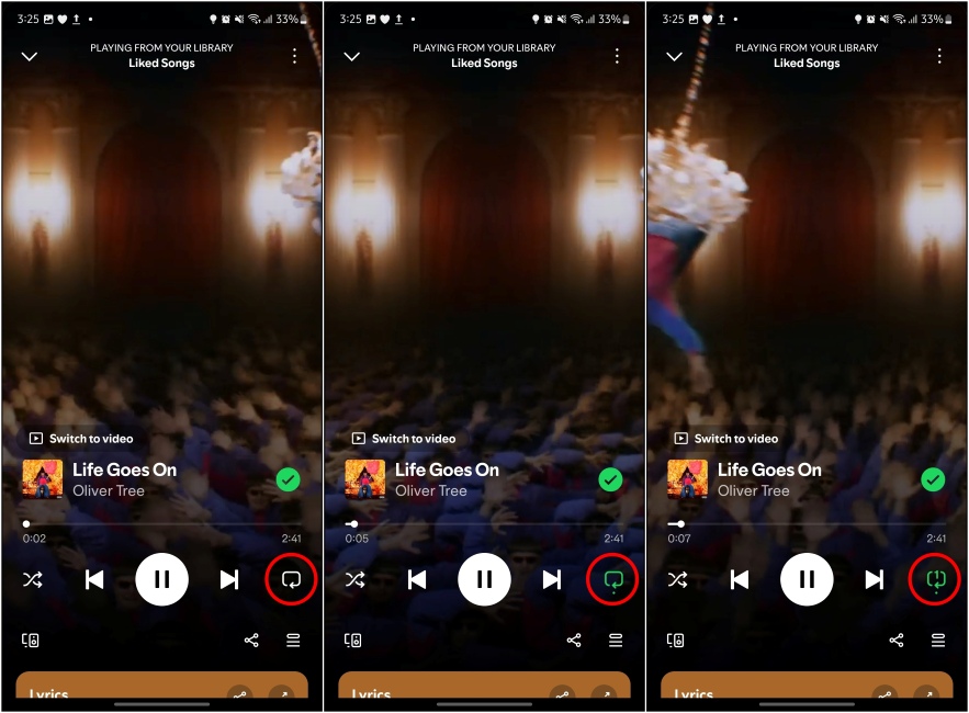 Images showing different stages of the repeat button on Spotify