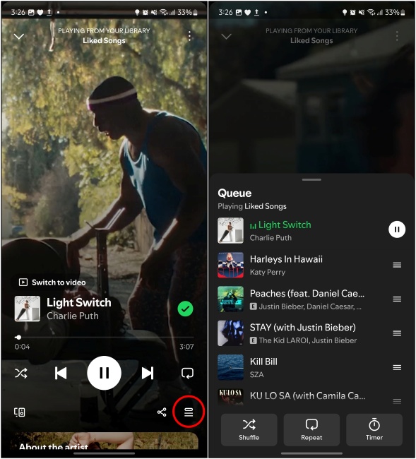 Images showing the queue button highlighted in Spotify