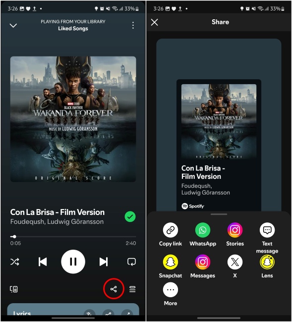 Images showing the share button highlighted in red circle and Spotify's share menu