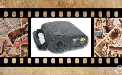 illustration featuring a shot of the Kodak DC 40 next to old photos in front of a vintage pastel background