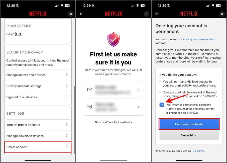 Open Delete Account option and select Permanently Delete option