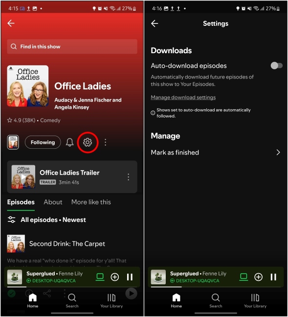 Opening Podcast settings page by tapping on the cogwheel icon