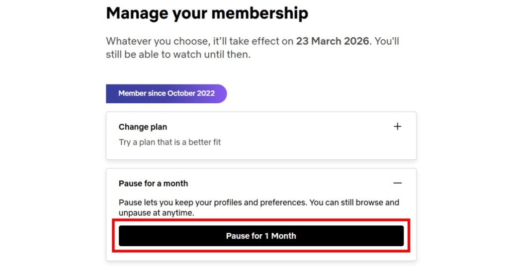 Pause Netflix account button option