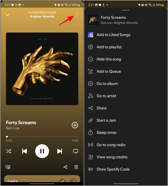 Press the three dots in the top left corner to reveal song menu
