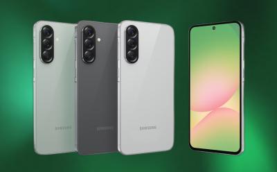 product image of the Samsung Galaxy A56 in different colorways in front of a green gradient background