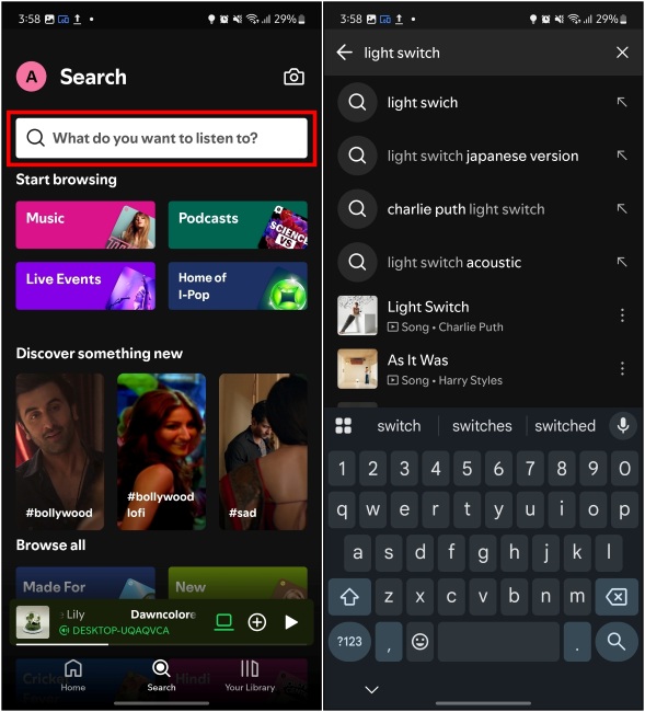 Searching for a song using Spotify's Search tab