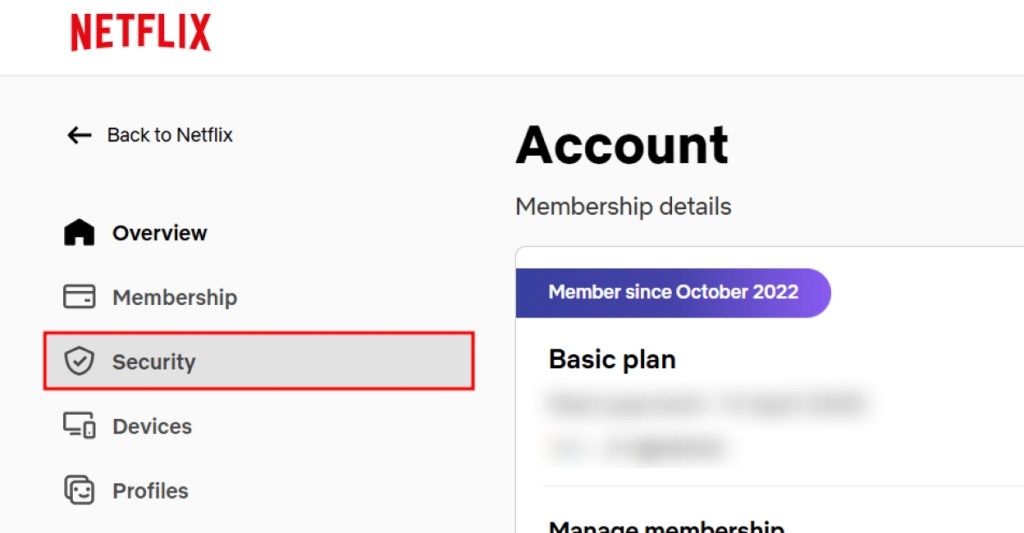 Select the Security option in the Netflix Account Page