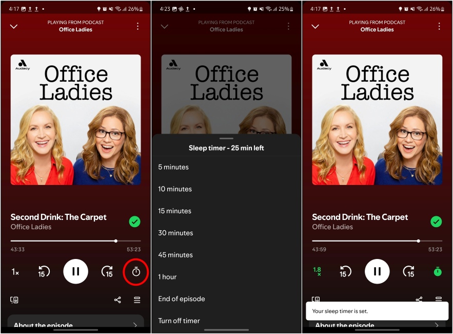 Setting a sleep timer for Spotify podcasts