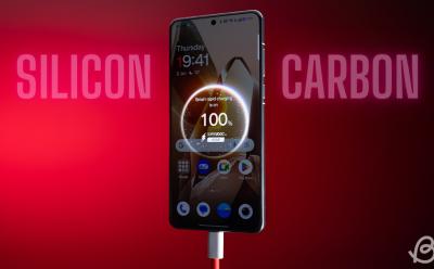 shot of the OnePlus 13 when it's plugged in for charging with Silicon Carbon text on either side