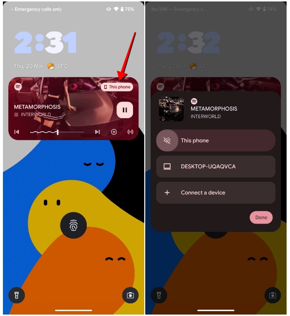 screenshots showing the interaction with the This Phone option on Spotify's lock screen widget on Android