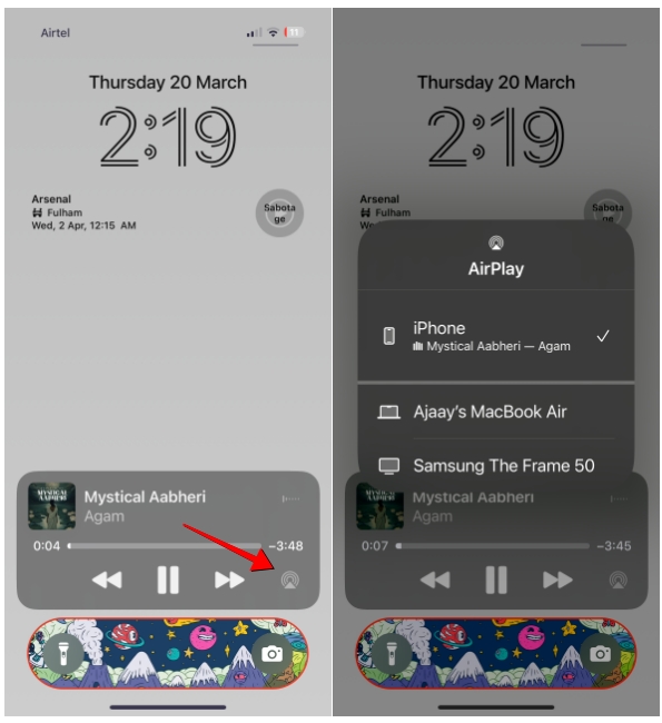 screenshots showing the AirPlay icon interaction using the Spotify lock screen widget on iPhone