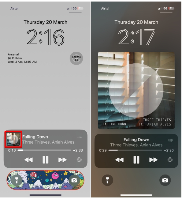 screenshots showing the Spotify Lock screen widget highlighting the interaction with the Album Art