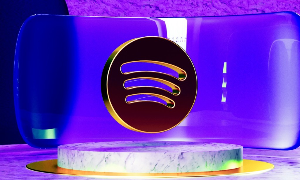 illustration of the Spotify logo in Gold with black shadows hivering over a marble podium with an abstract purple background