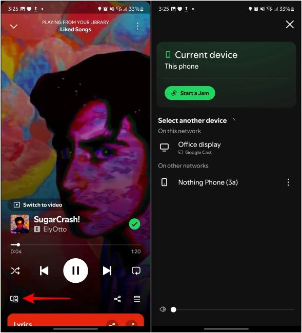 Spotify song screen with the connected devices button highlighted