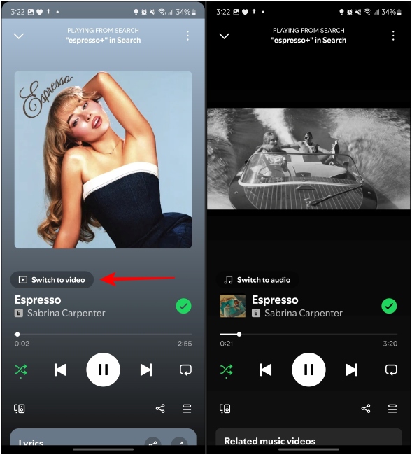 Switch to Video button to play official music video of songs