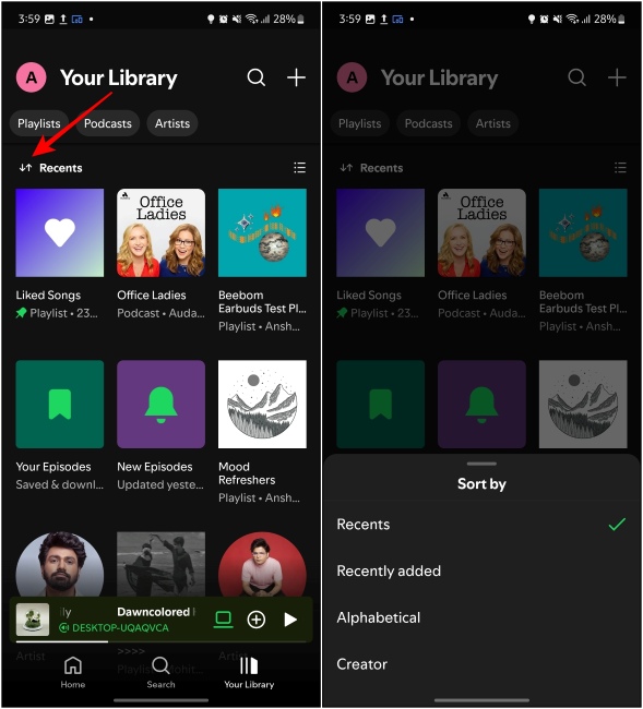 Tapping on The Recents Options to Change the Sort By order