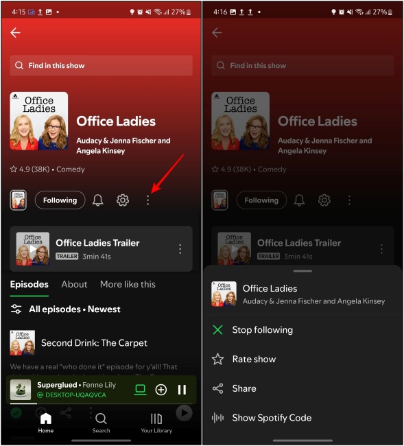 Tapping on the three dots menu in the podcast page