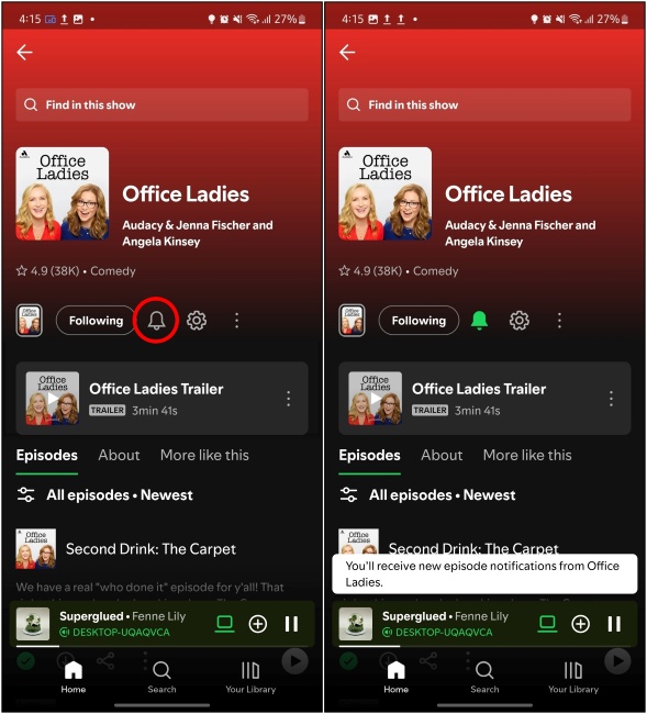 Turning on notifications for the podcast by pressing the bell icon