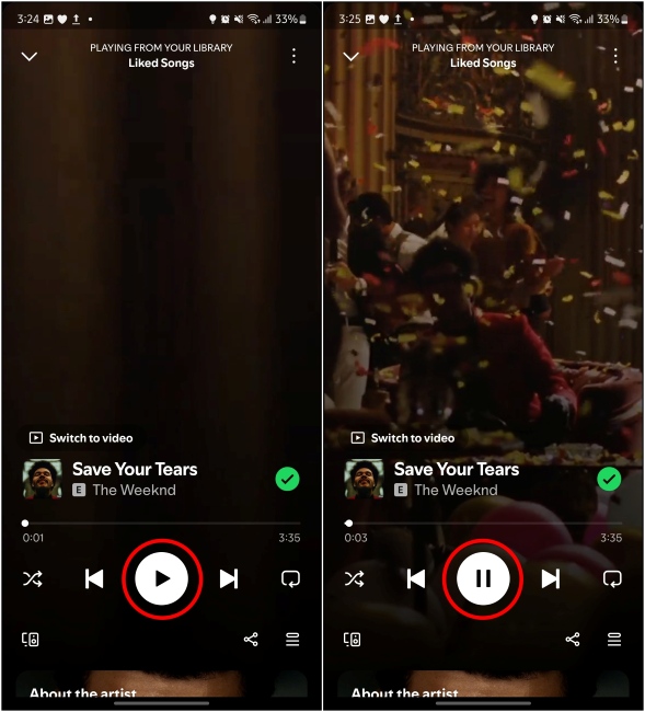 Two images showing play and pause button on Spotify