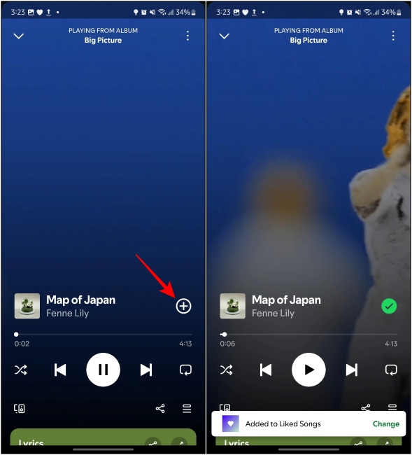 Use the circle with plus inside icon to add the music to your liked playlist