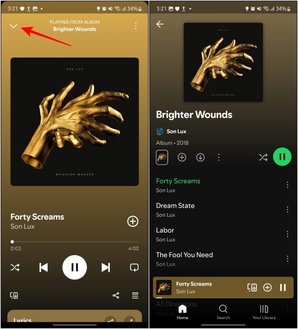 Use the downward pointing arrow icon in the top right corner to minimize Spotify Player