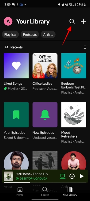 Using the Magnifying icon to search songs in Your Spotify Library