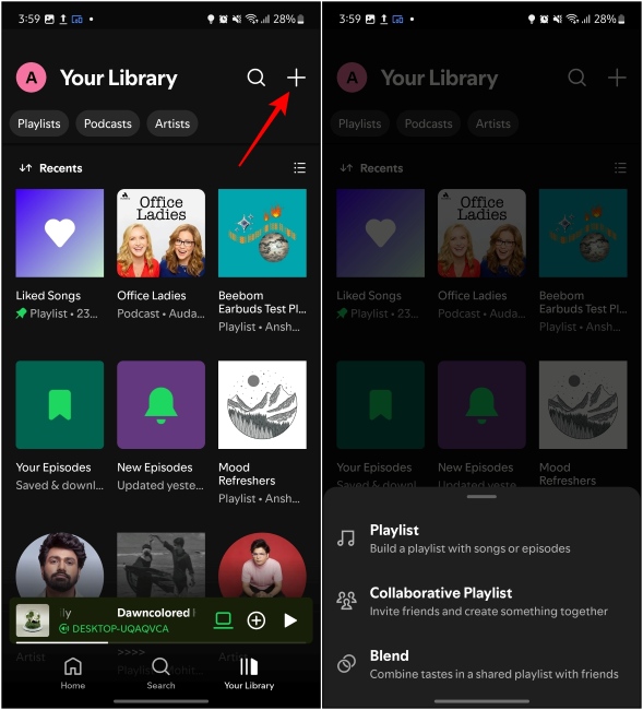 Using the Plus Icon to bring up the Playlist and Blend options in Spotify