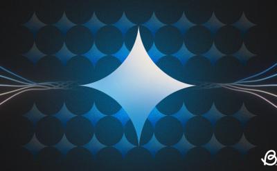 illustration featuring a large light blue Google Gemini logo on top of scattered small logos