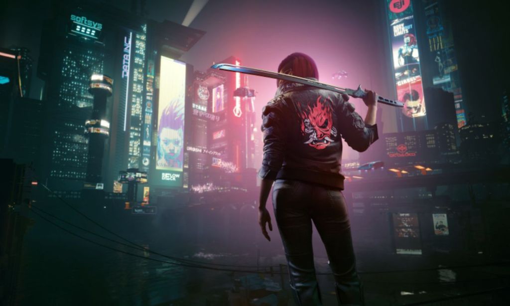 Female V overlooking Night City in Cyberpunk 2077