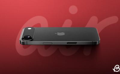 illustration featuring the rumored iPhone 17 Air design in front of a red gradient background and "Air" text