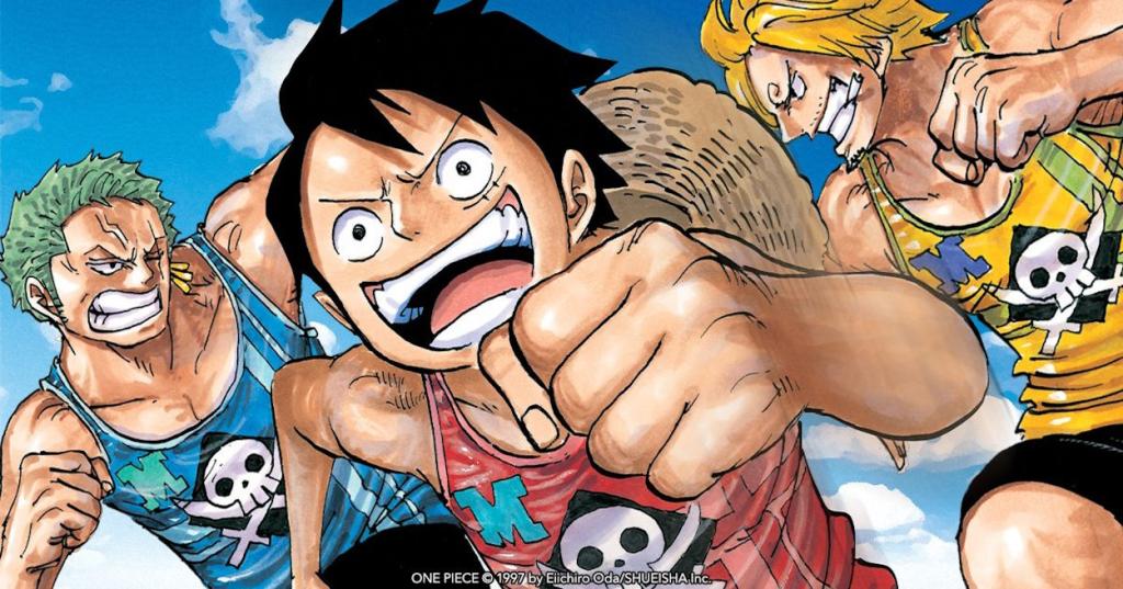 Luffy, Zoro, and Sanji running