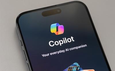 shot of an iphone with the Microsoft Copilot app welcome screen