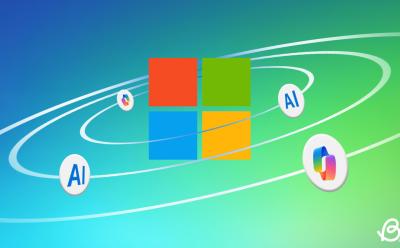 Illustration featuring the Windows logo in the center with circular Copilot and AI icon orbiting around it, next 50 years