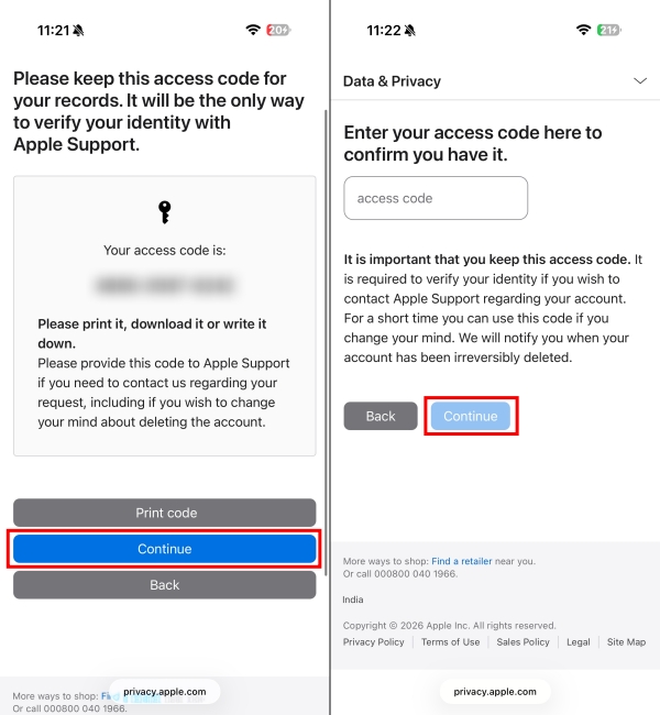 Save and enter your Apple ID Access Code