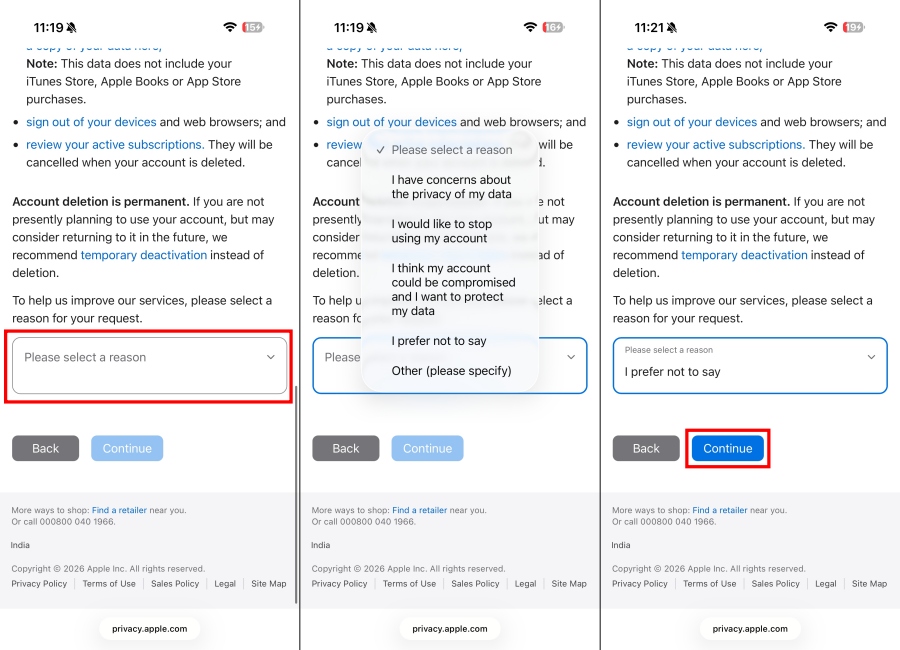 Select a reason to delete your Apple account