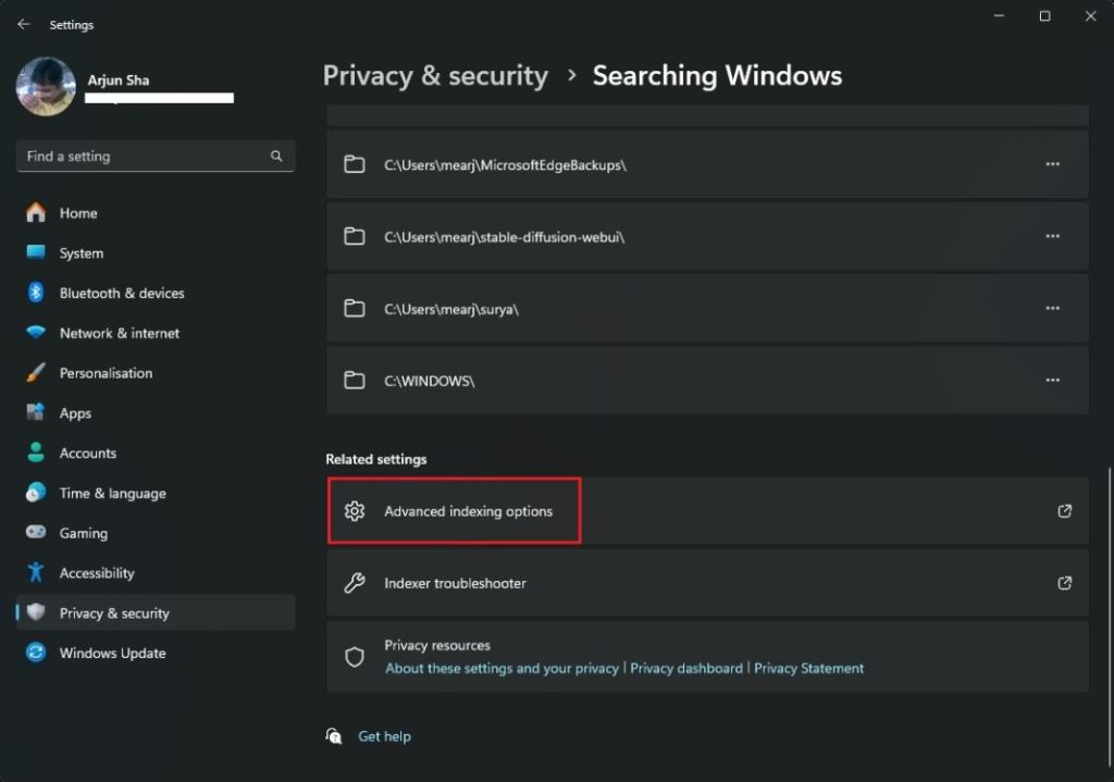 advanced indexing option in windows setting