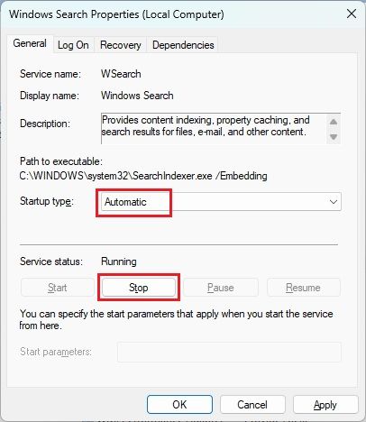 configure windows search in windows services