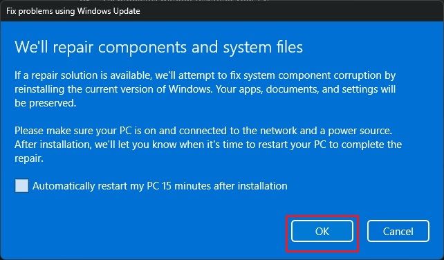 dialog box to confirm windows 11 reinstallation