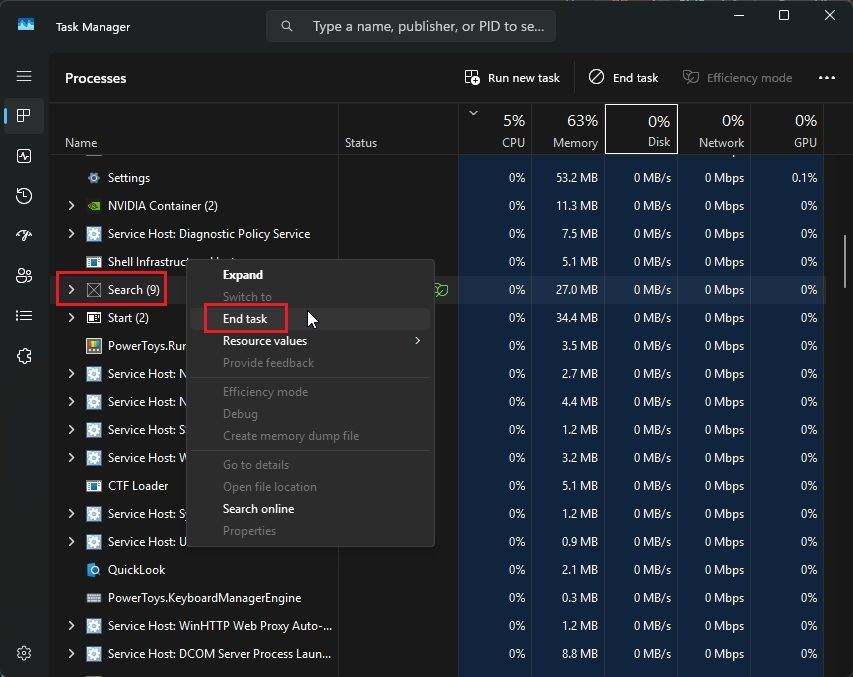 end search task in windows 11