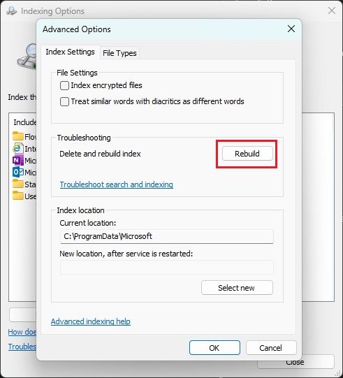 rebuild search index in windows 11