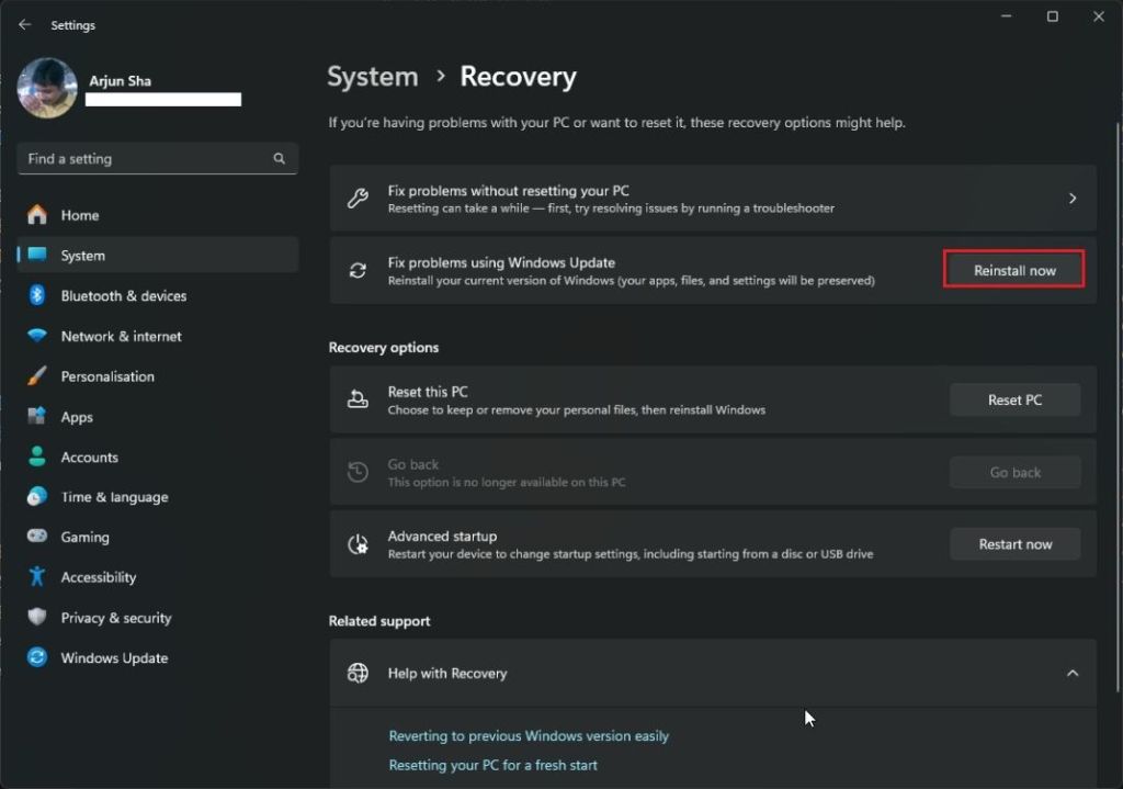 reinstall windows via settings without resetting pc