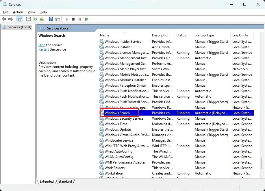 services window showing windows search