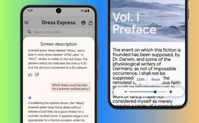Two android phones showcasing TalkBack with Gemini and Chrome Zoom in features