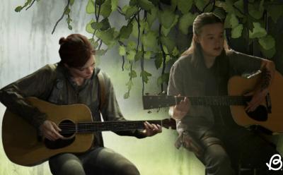Ellie playing guitar in the TLOU game and show