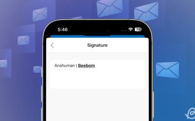 illustration of a phone displaying the process to add and change signature inside the Outlook app in front of a gradient background with mail logos scattered all over