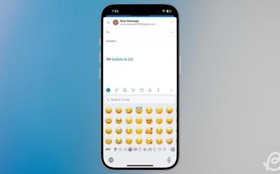 illustration of an iPhone previewing the insert emojis screen inside the Outlook app with a blue and grey gradient background